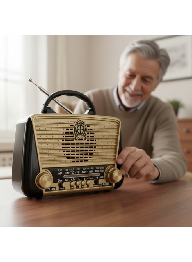 راديو كلاسيكي محمول - 3 موجات FM/AM/SW مع بلوتوث وUSB ومشغل MP3 وكشاف إضاءة - مكبر صوت هاي فاي قابل لإعادة الشحن للمنزل - موديل R-3166BT - Image 5